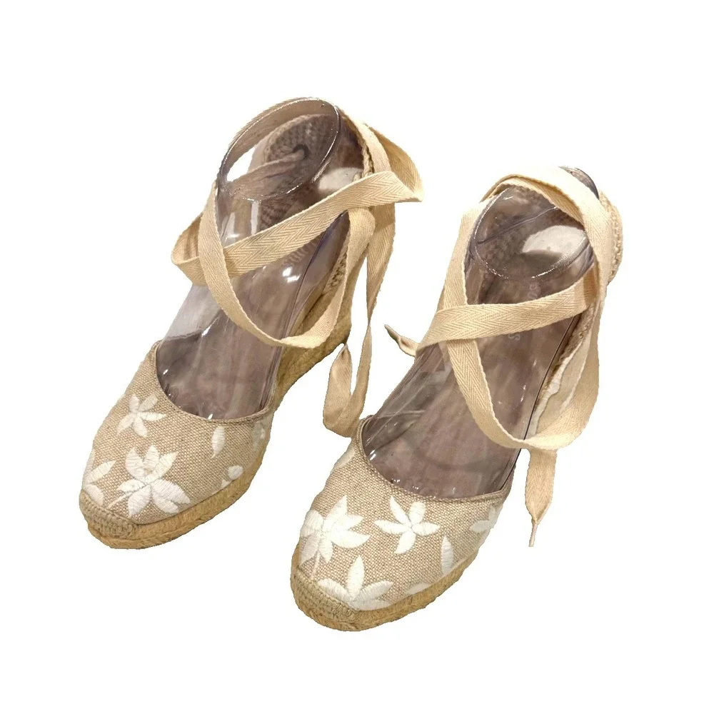 Soludos Floral Embroidered Espadrille Wedge Shoes Lace Up Ankle Tie Beige Size 7
